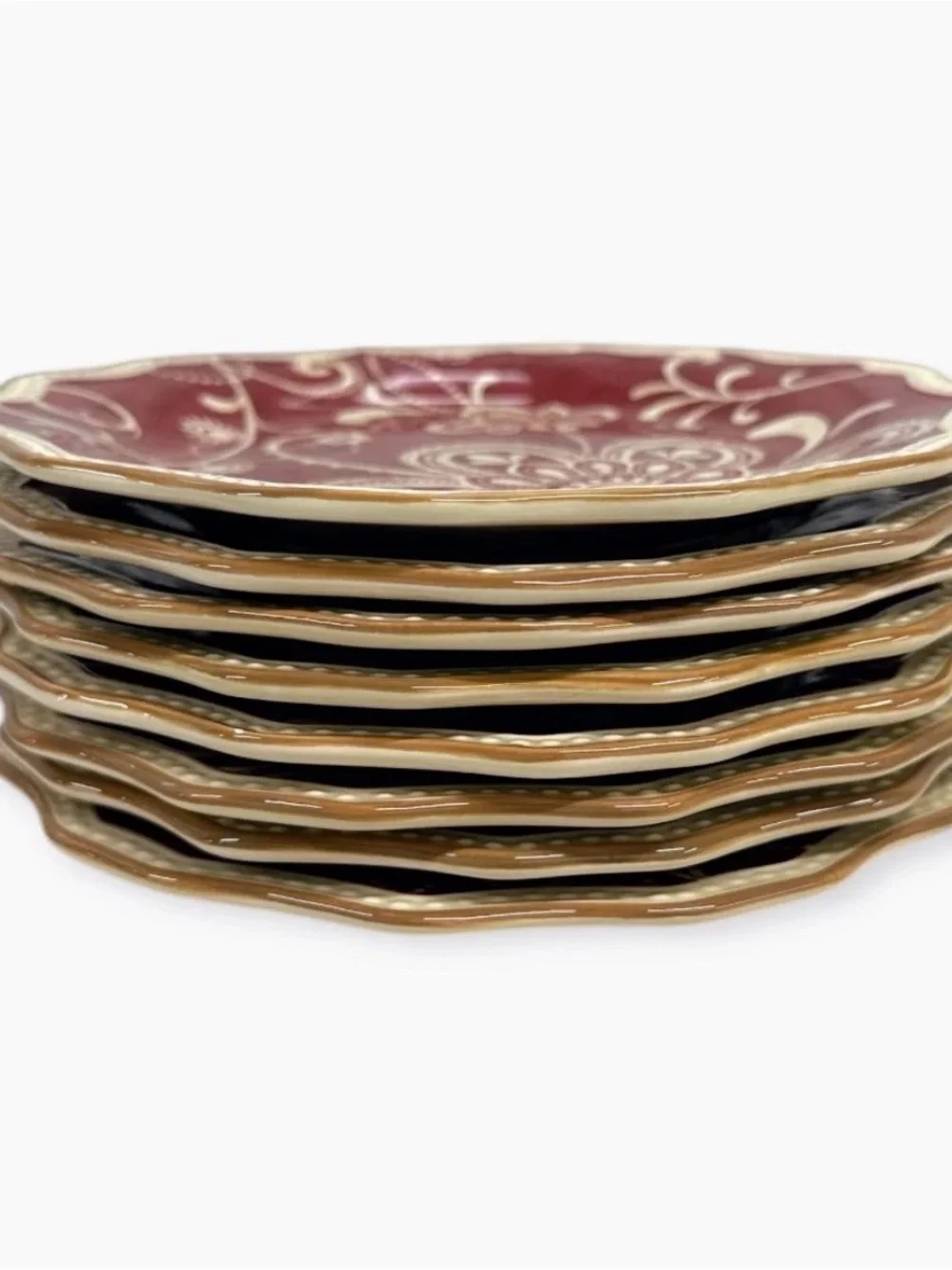 Pier 1 Imports Maribeth Burgundy Floral Scalloped Salad Plates 8 7/8” Set of 8